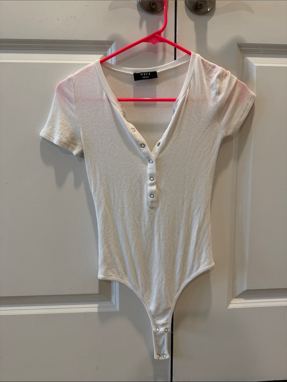 Vici Kids White Short-Sleeve Snap-Front Bodysuit with Pink Hanger Accent